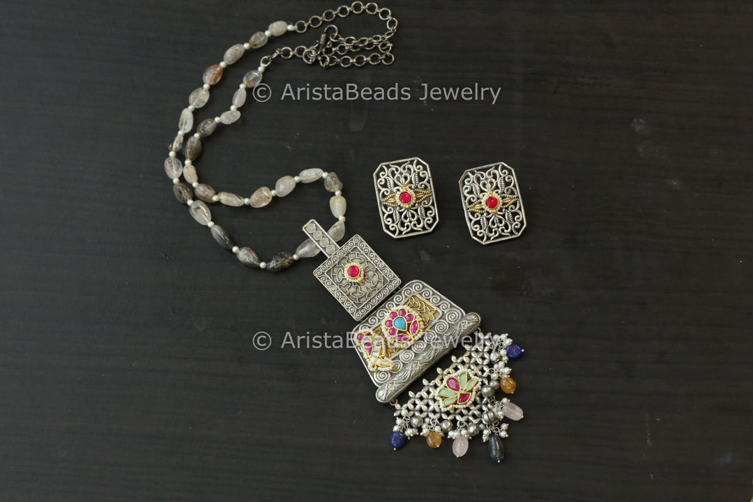 Fusion Kundan Pendant Set - Rutilated Quartz Beads