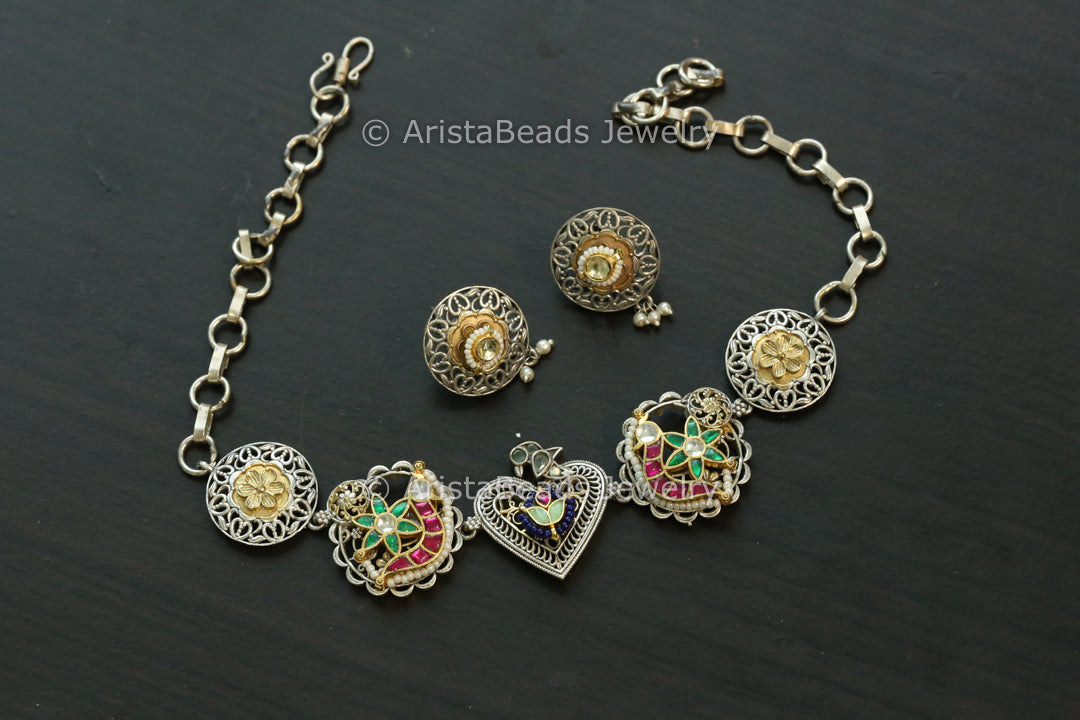 Silver Replica Fusion Kundan Necklace Set - Style 1