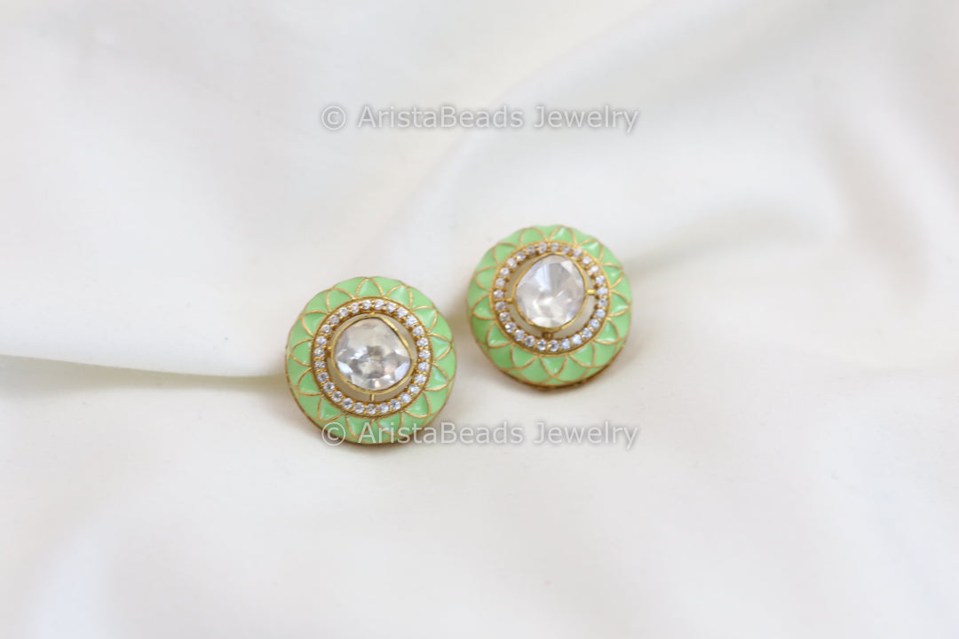 Real Moissanite & Green Enamel Studs