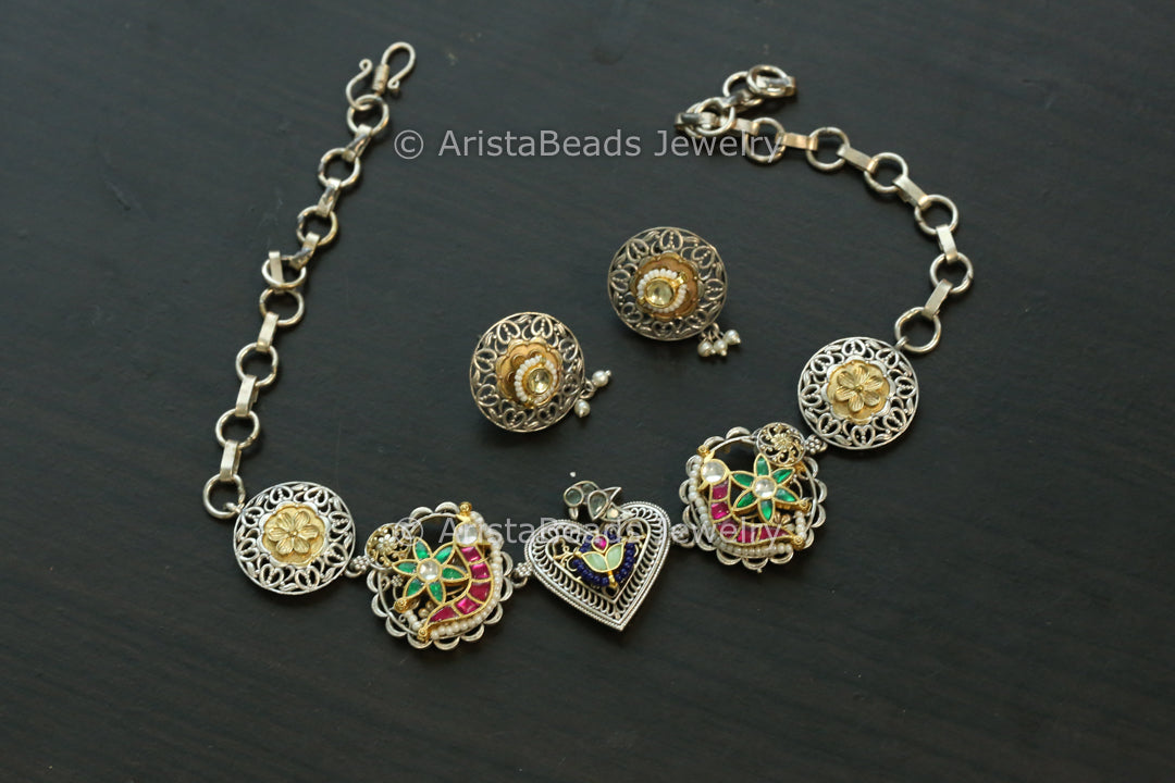 Silver Replica Fusion Kundan Necklace Set - Style 1