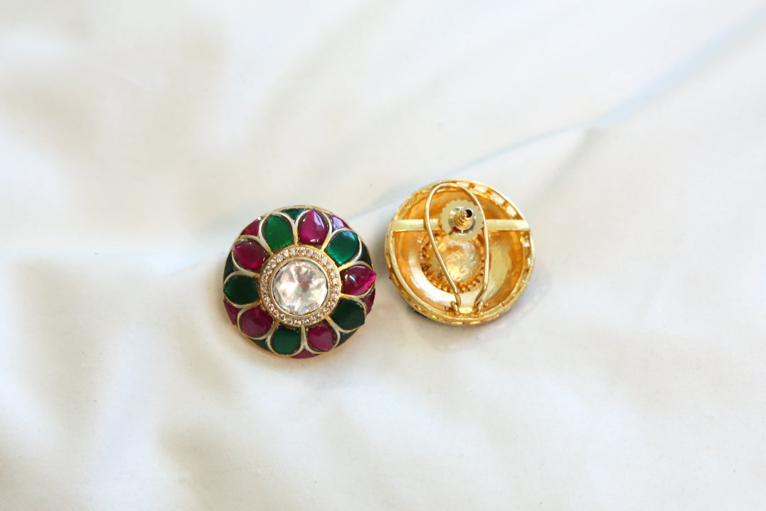 Uncut Moissanite Polki & Jadau Kundan Studs- Ruby Green