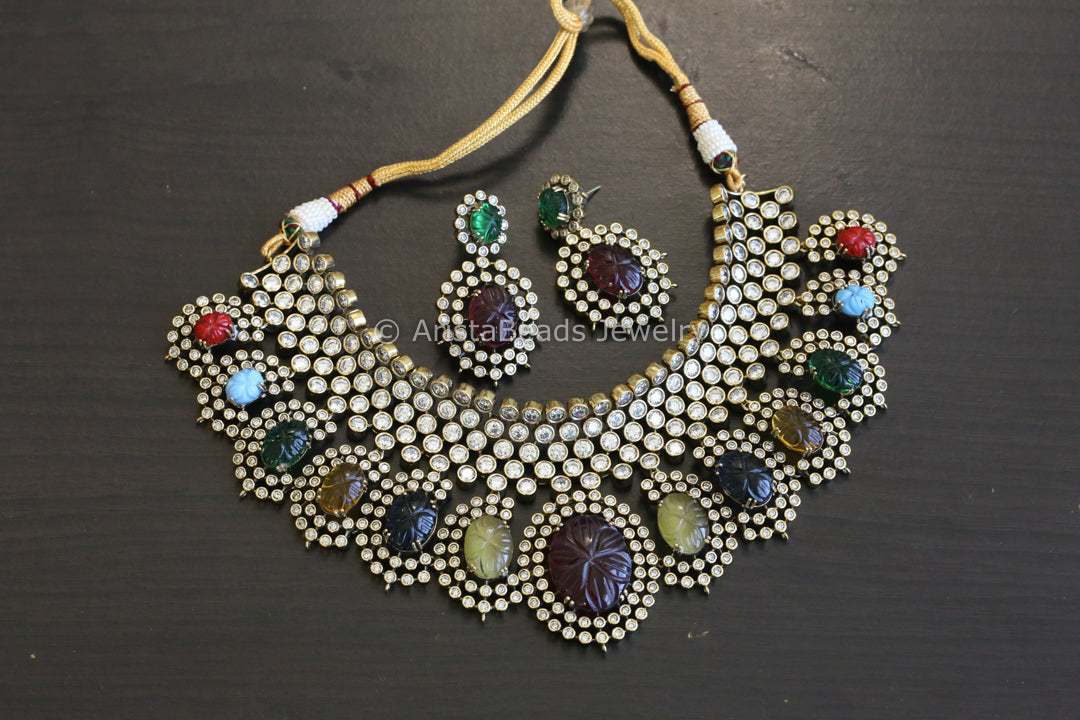Navratan Carved Stones Choker Set