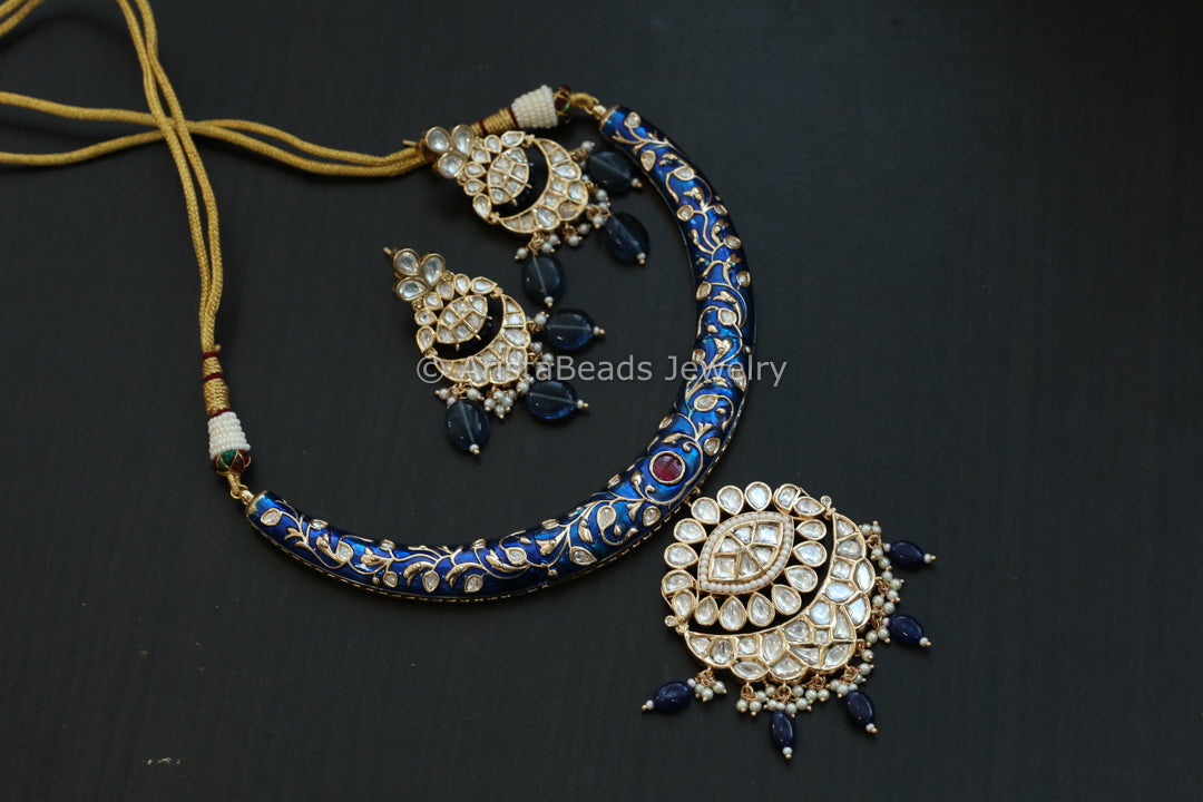 Premium Enamel & Polki Kundan Hasli Set - Blue