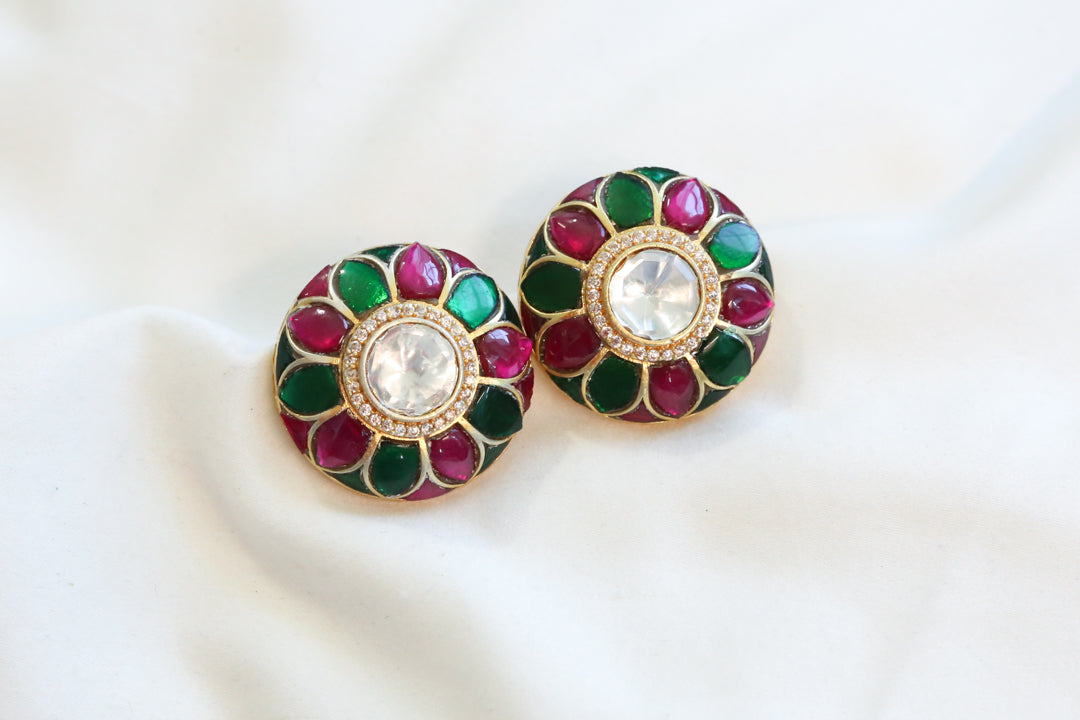Uncut Moissanite Polki & Jadau Kundan Studs- Ruby Green