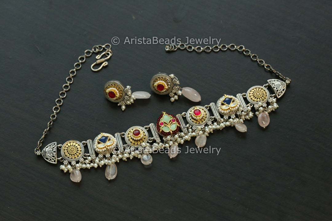 Silver Replica Fusion Kundan Necklace Set - Style 3