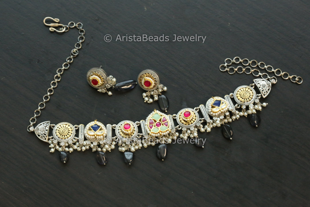 Silver Replica Fusion Kundan Necklace Set - Style 4