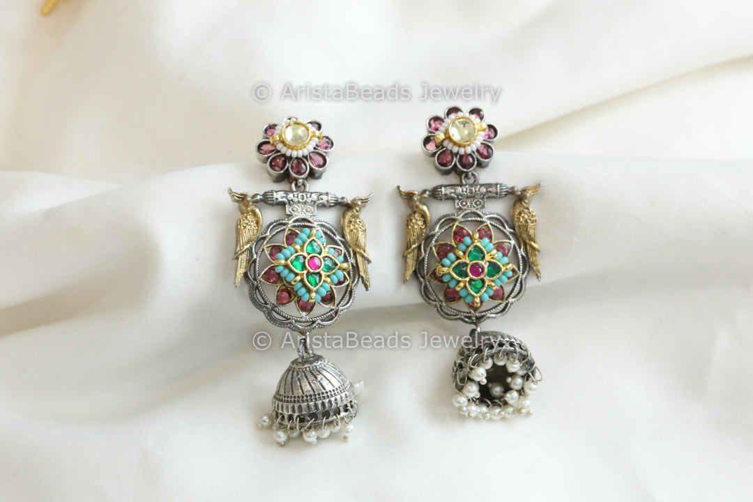 Green Turquoise Fusion Dual Tone Earrings Jhumka