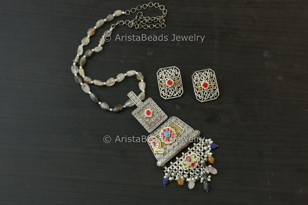 Fusion Kundan Pendant Set - Rutilated Quartz Beads