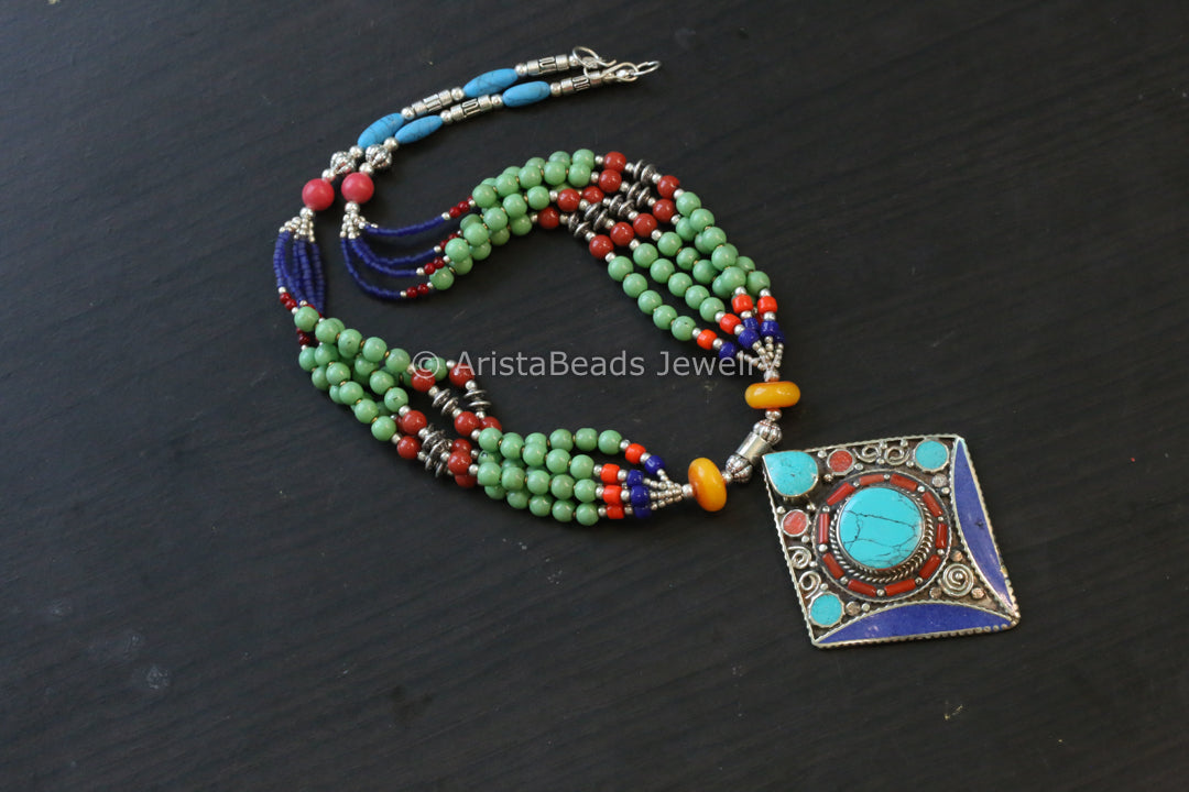 Real Tibetan Necklace With Semiprecious Stones - Design 8