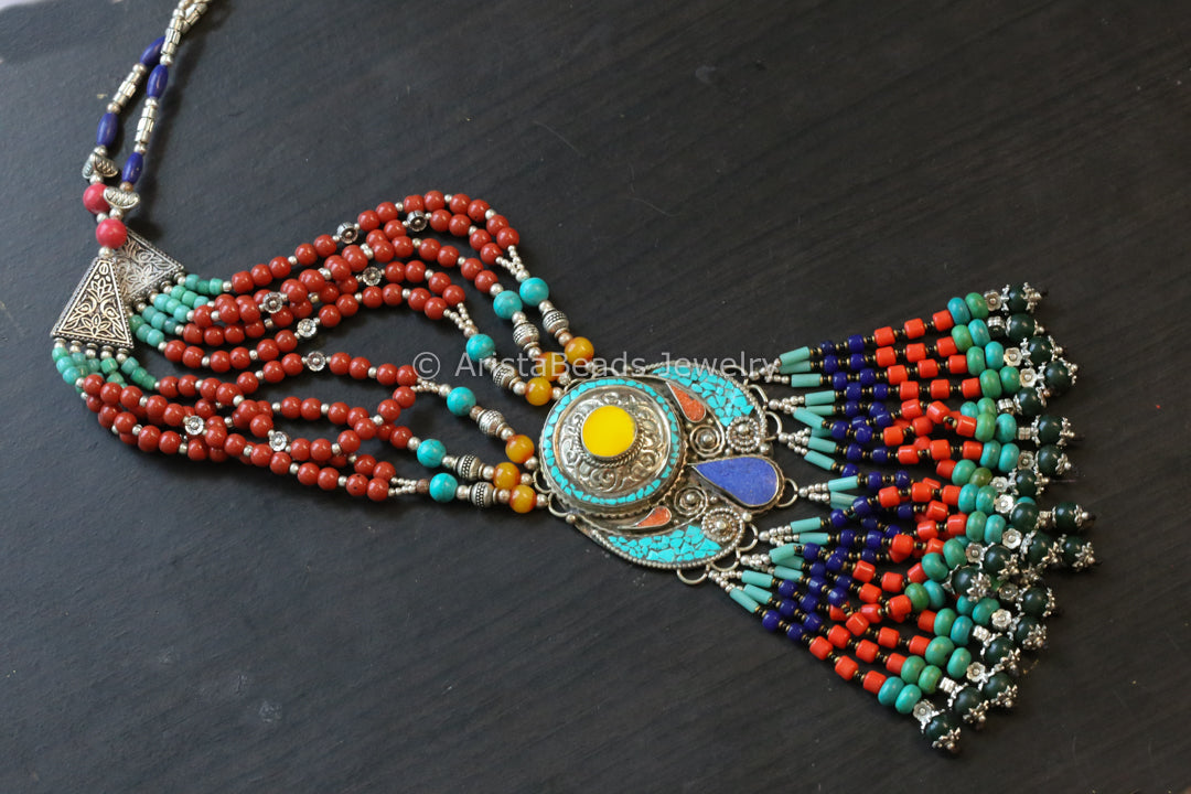 Real Tibetan Necklace With Semiprecious Stones - Design 13