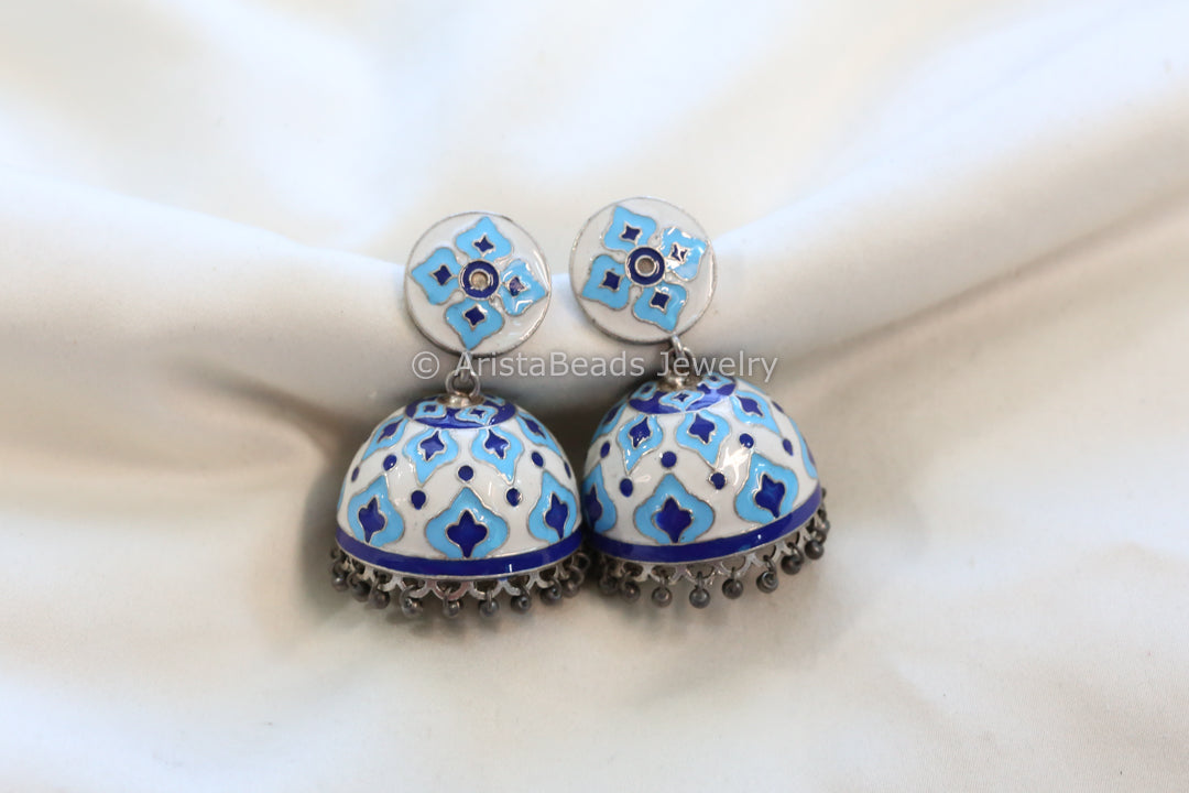 Enamel Jhumka - Blue White