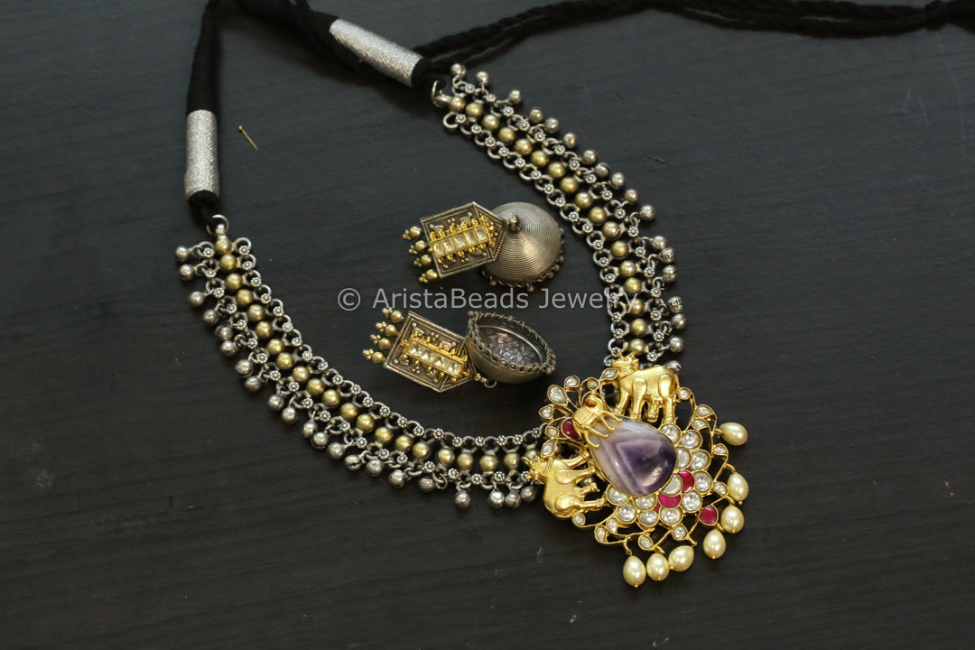 Amethyst Jadau Kundan Pendant Necklace Set - Style 1