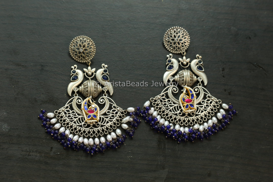Large Blue Fusion Kundan Earrings