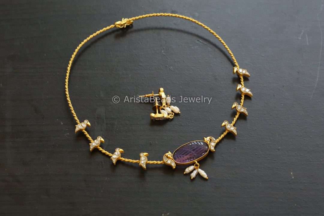 Dainty Amethyst & Clear Kundan Jadau Hasli Necklace