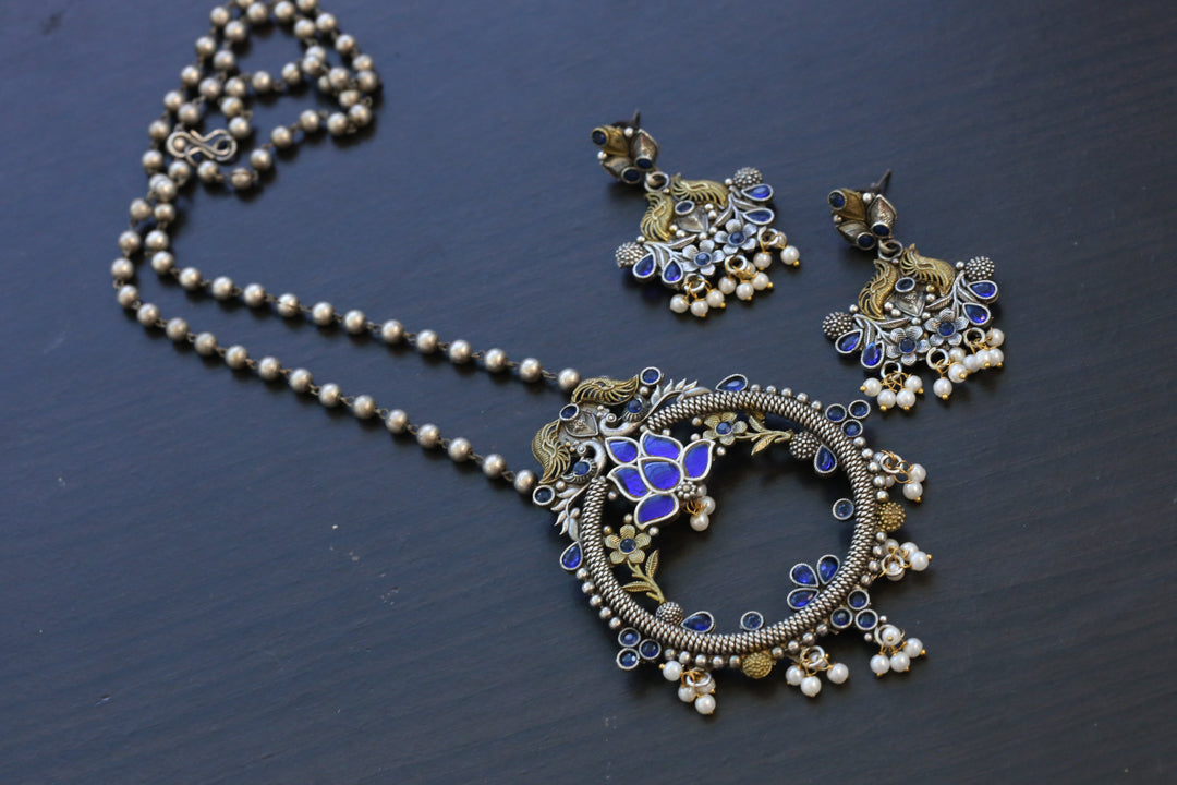 Oxidized Blue Jadau Necklace Set