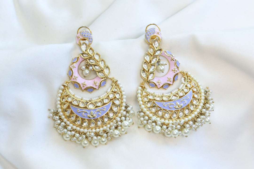 Enamel Kundan Chandbaali - Pink Lavender