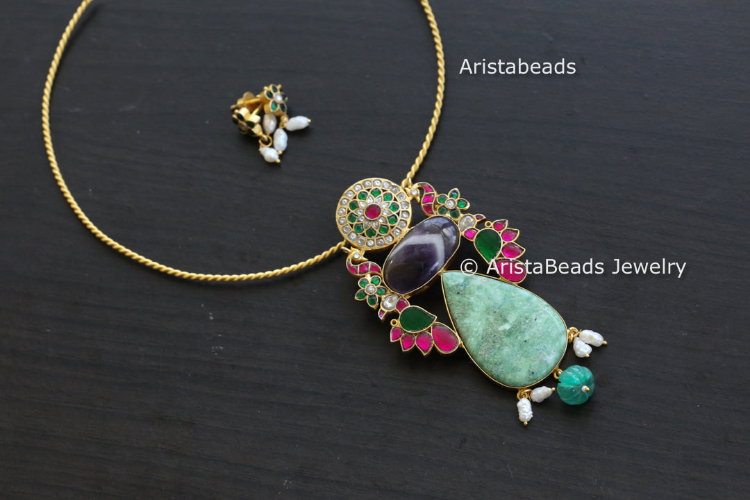 Amethyst & Chrysoprase Jadau Fusion Pendant Set ( Removable Hasli)