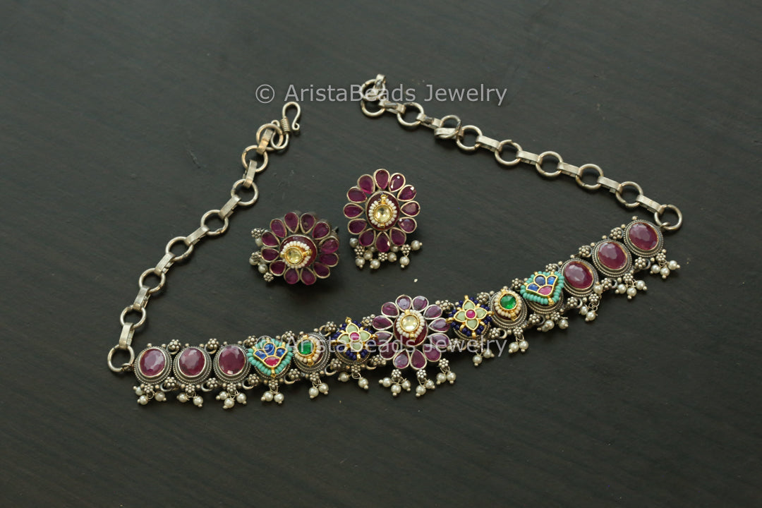 Silver Replica Fusion Kundan Necklace Set - Ruby