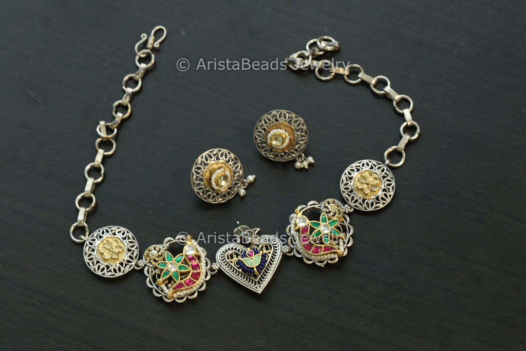 Silver Replica Fusion Kundan Necklace Set - Style 1