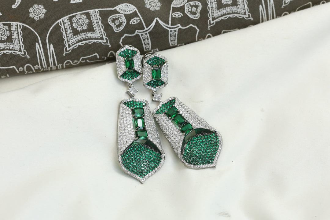 Pave Setting CZ Folded Leaf Earrings - Green