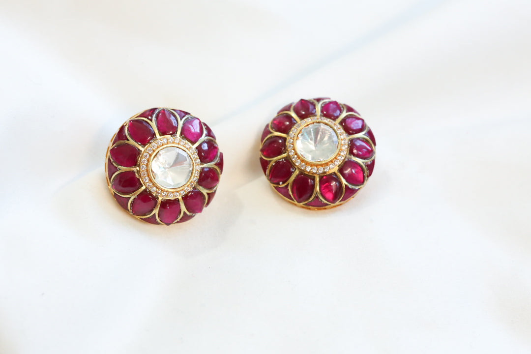 Uncut Moissanite Polki & Jadau Kundan Studs- Ruby