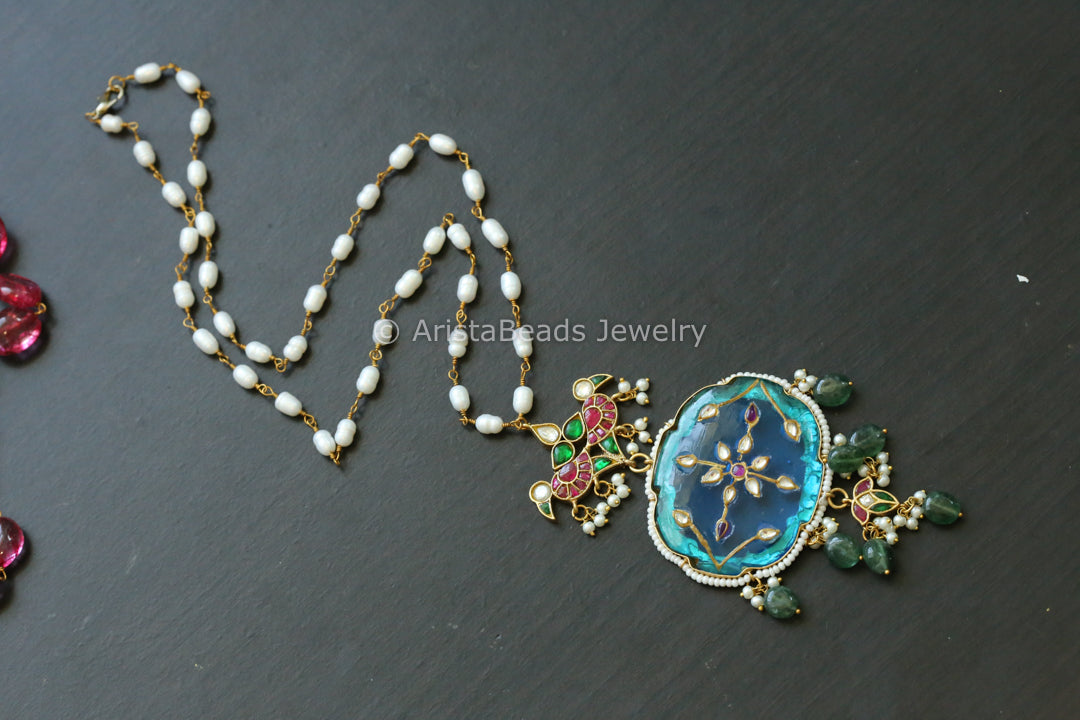 Inlay work Jadau Fusion Pendant - Real Pearl Mala