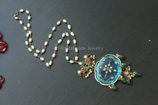 Inlay work Jadau Fusion Pendant - Real Pearl Mala
