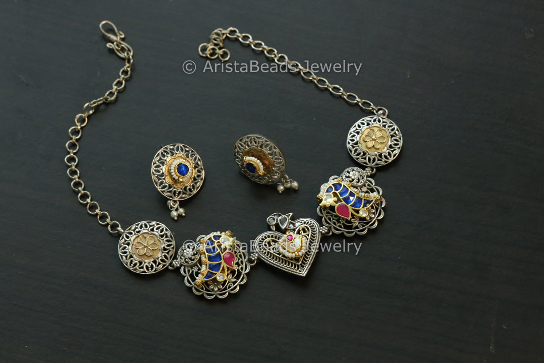 Silver Replica Fusion Kundan Necklace Set - Style 2