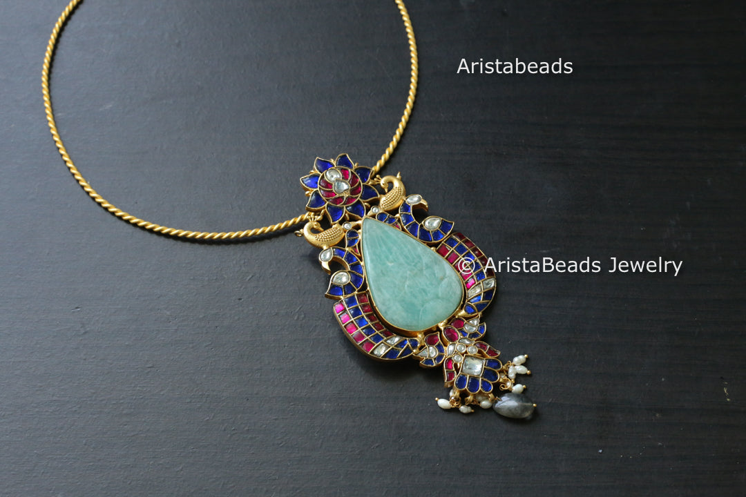 Green Chalcedony Jadau Fusion Pendant (Removable Hasli)
