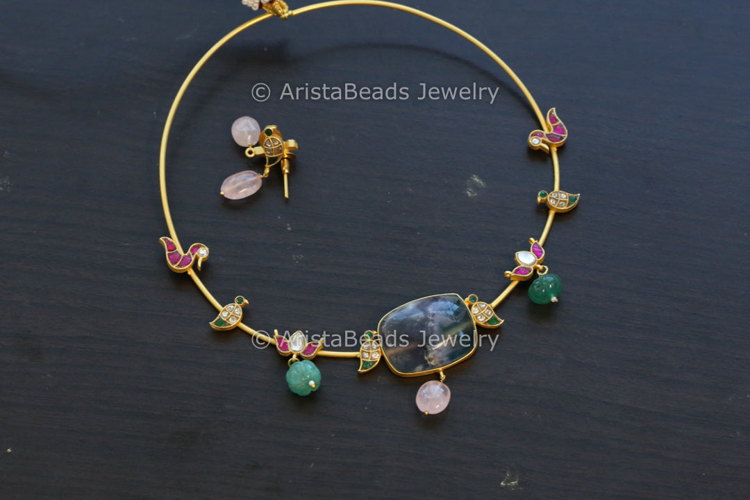Dainty Fluorite & Jadau Hasli Necklace