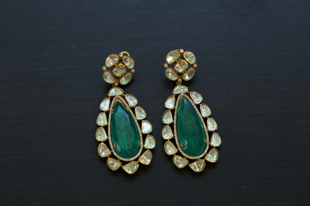 Long Real Moissanite & Green Doublet Earrings