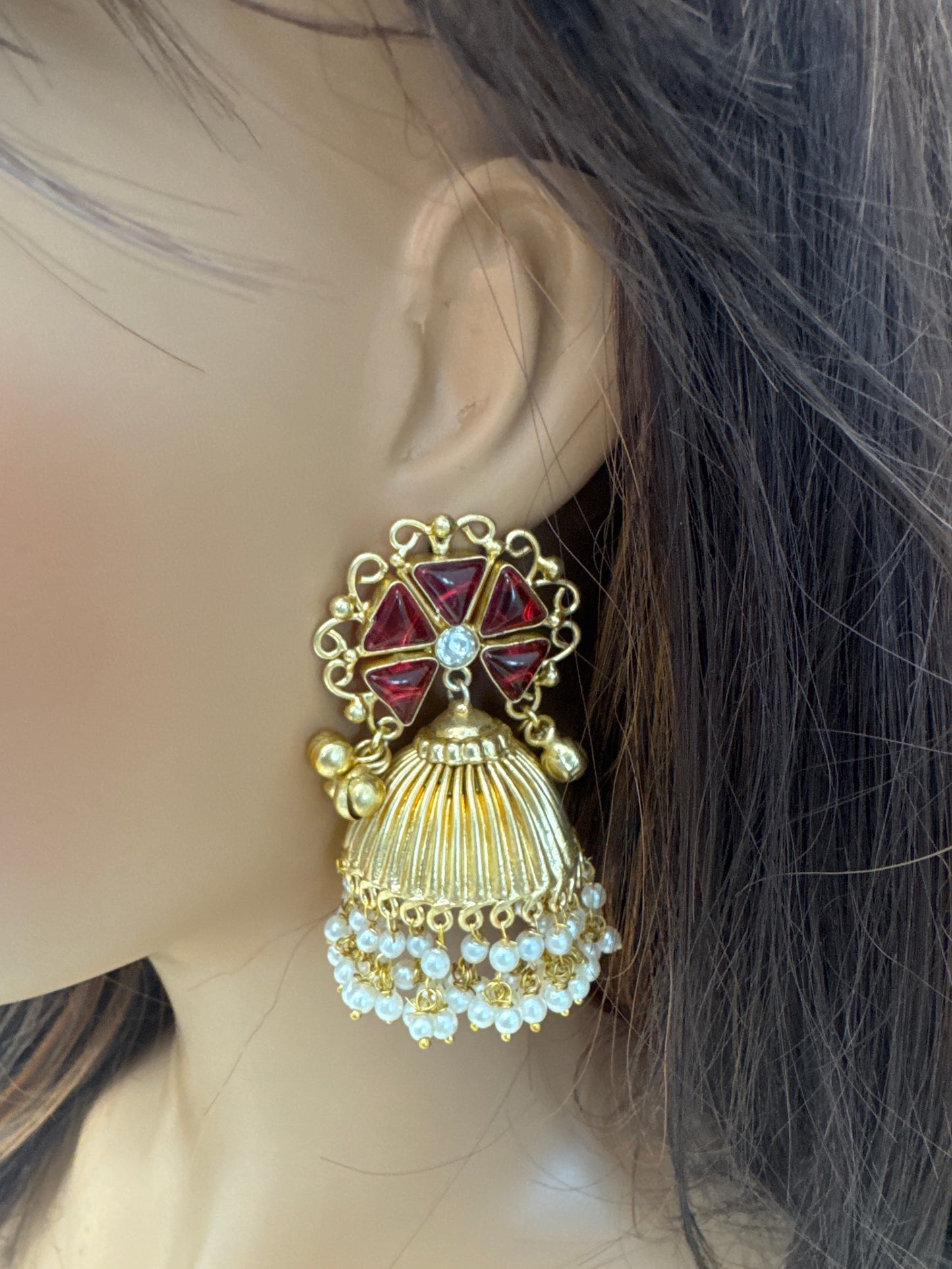 Red Kundan Fusion Matt Gold Jhumka (101-19)