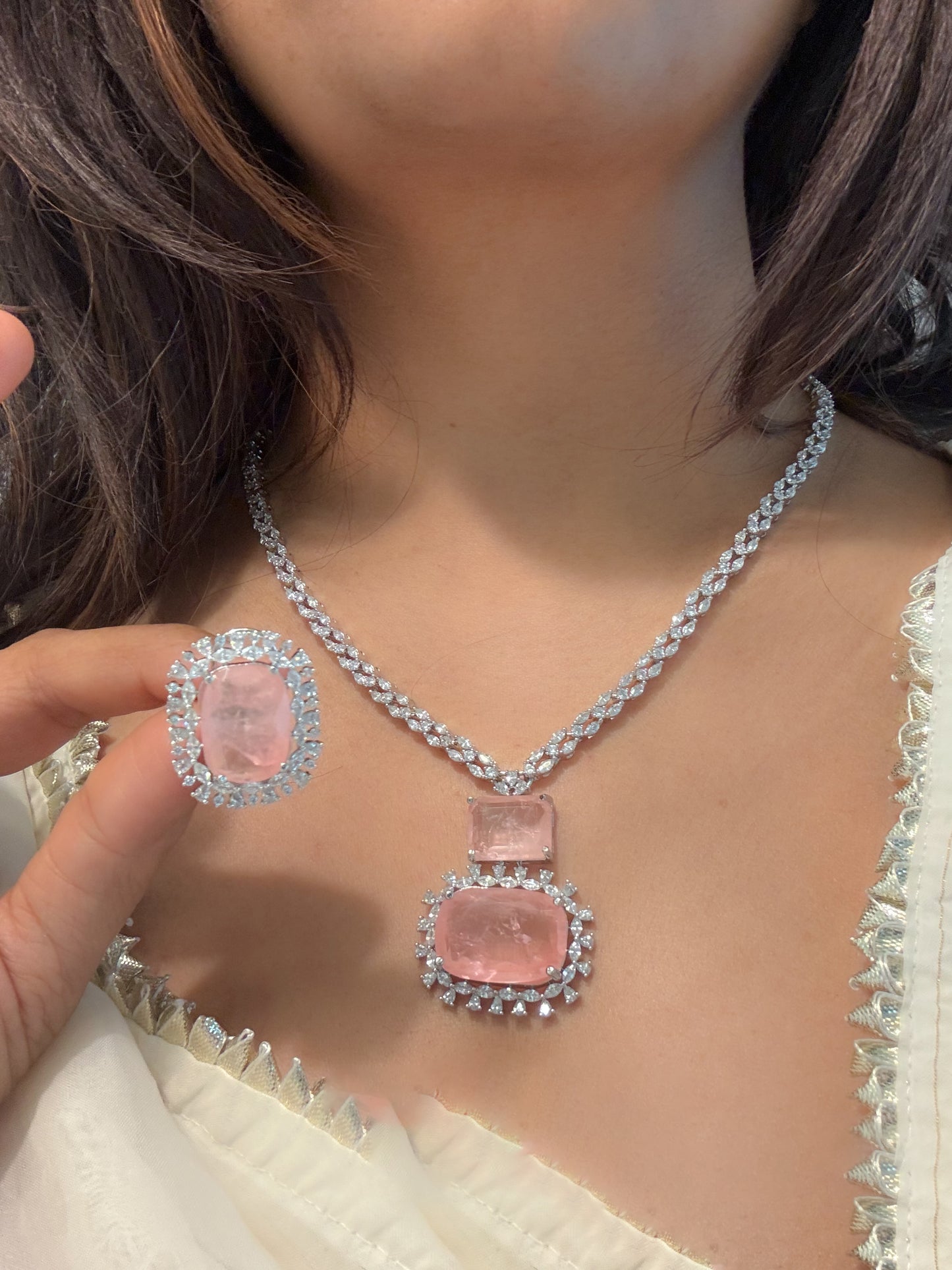 Ananya Premium CZ Necklace Set- Pink