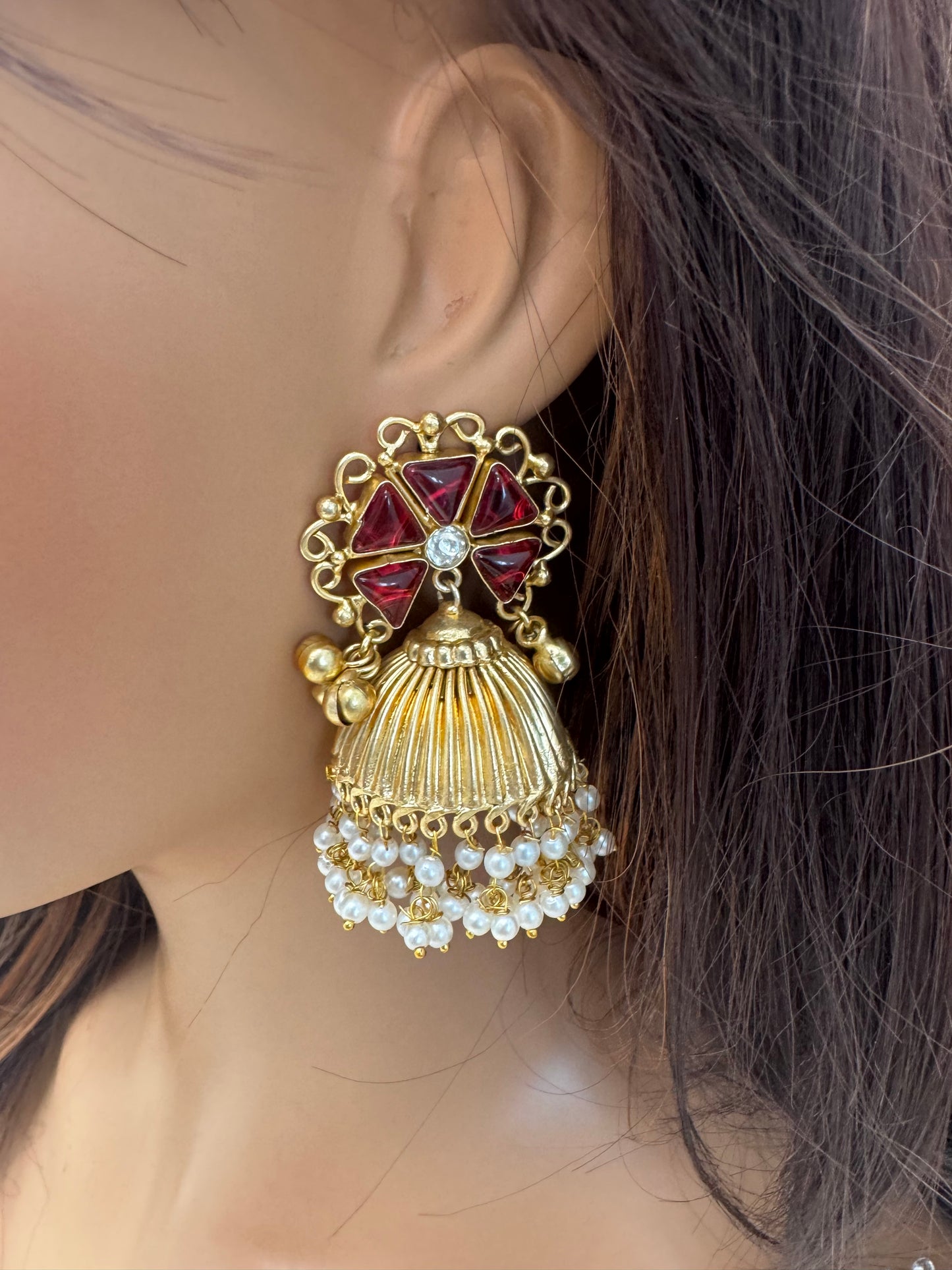 Red Kundan Fusion Matt Gold Jhumka (101-19)
