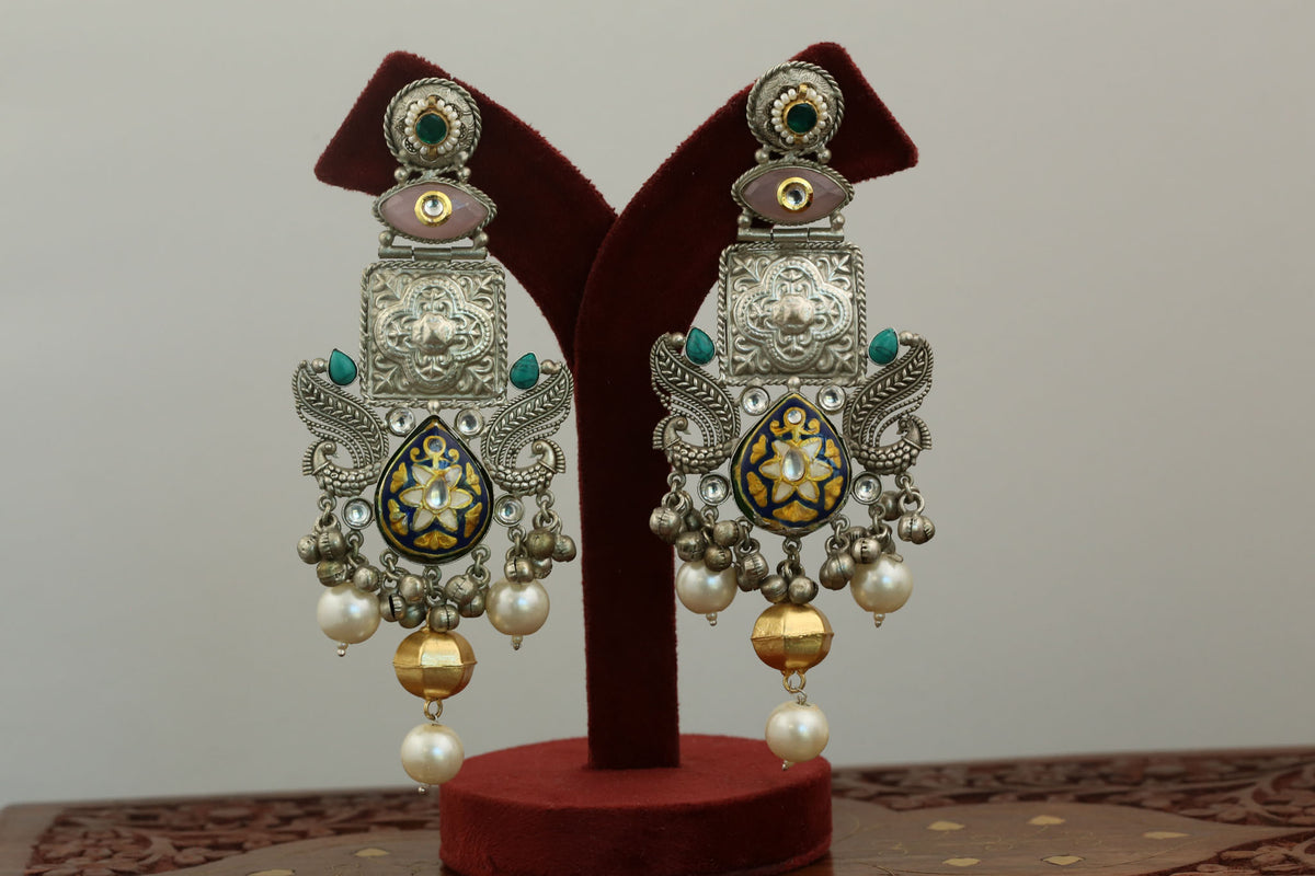 Large Fusion Meenakari & Kundan Dual Tone Earrings - Black