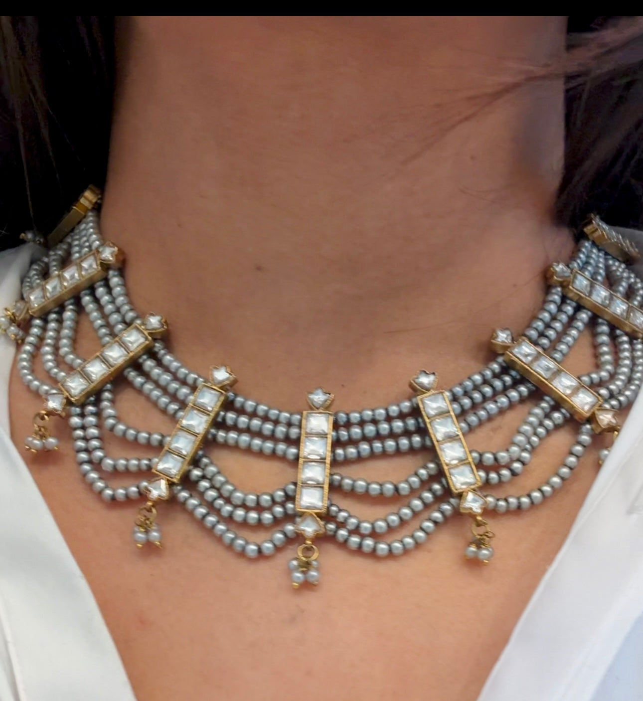 6 Line Gray Pearls & Jadau Kundan Set (104-10)