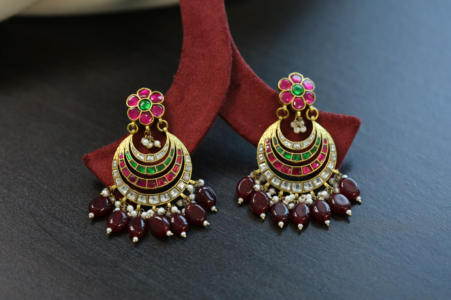 Kundan Jadau Chand Earrings - Multi Color