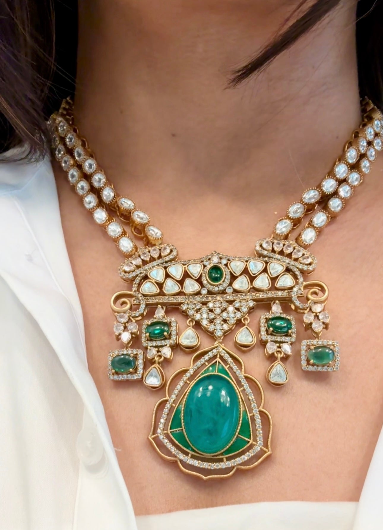 Victorian Moissanite Look Polki & Pota Doublet Set - Green