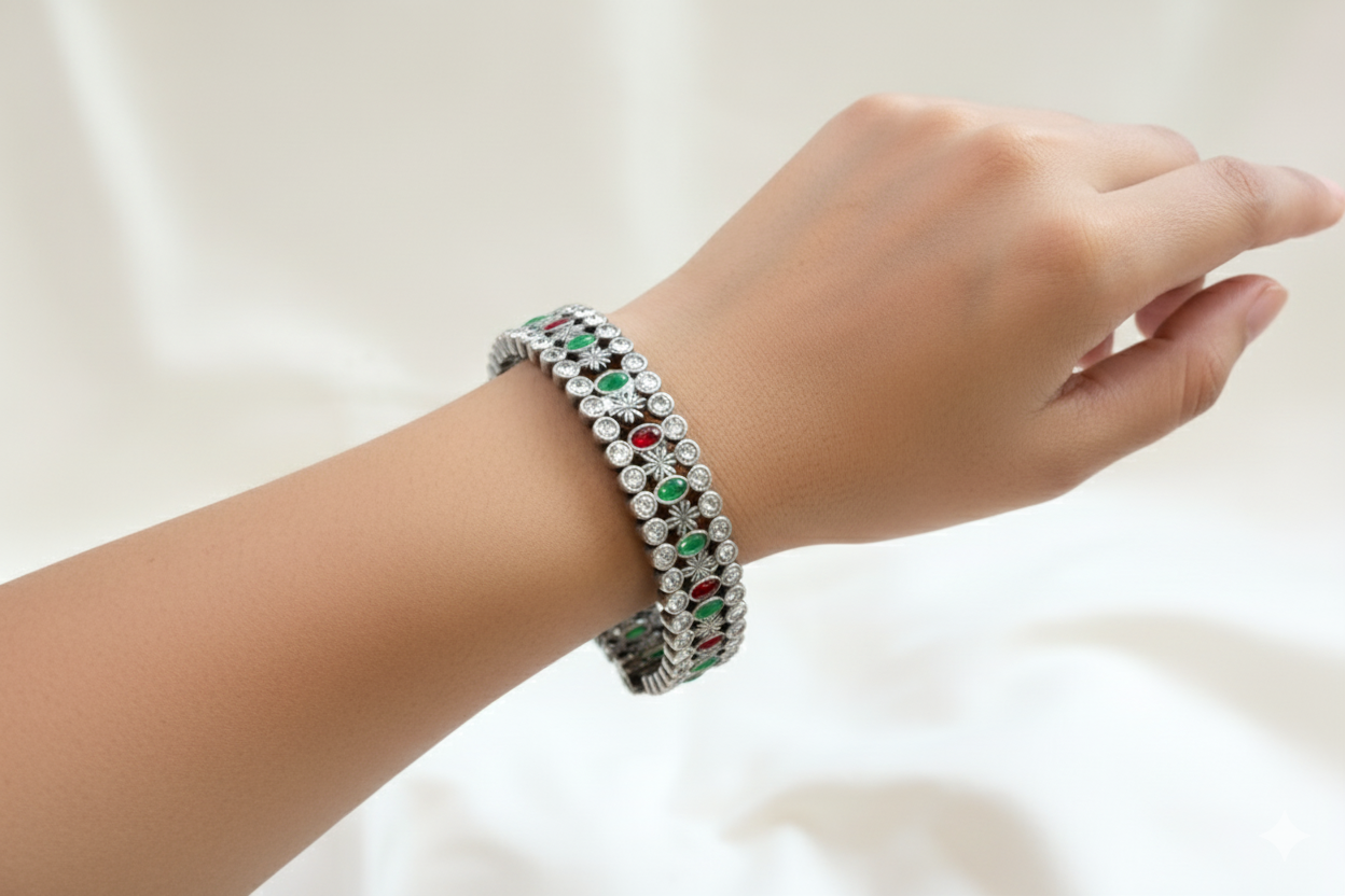 Kripa Silver Look Alike Bangle  Set -Green Red