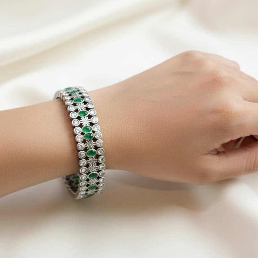 Kripa Silver Look Alike Bangle  Set -Green