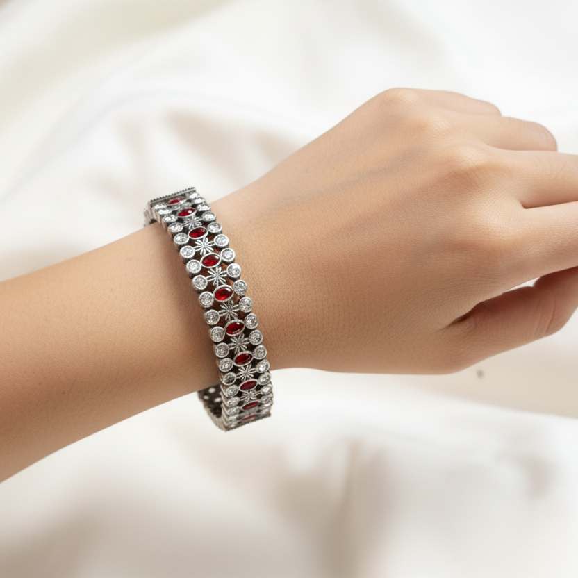 Kripa Silver Look Alike Bangle  Set - Red