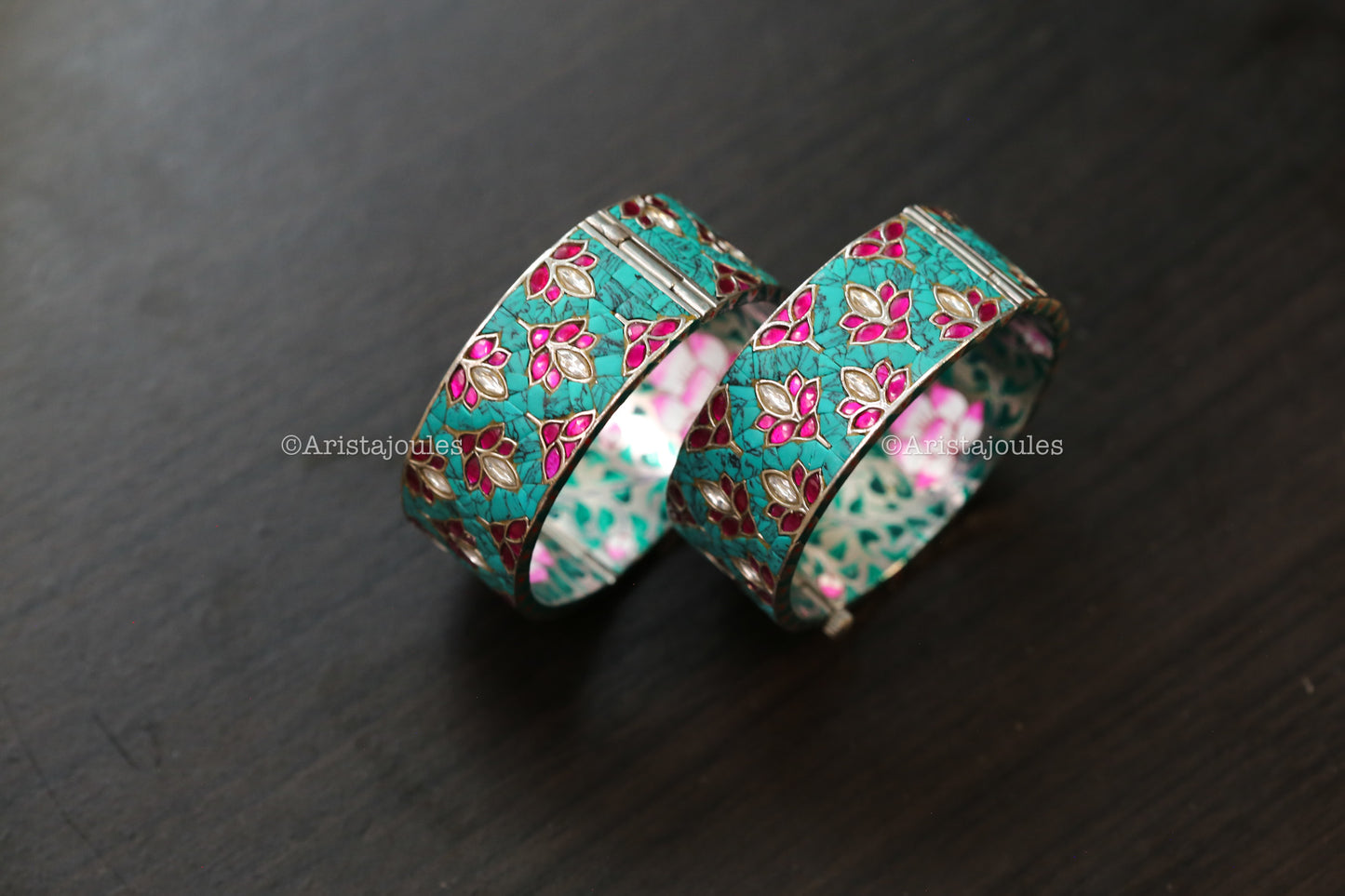 Zeenat Takkar Kundan Bangle Set (Openable) - Turquoise Silver