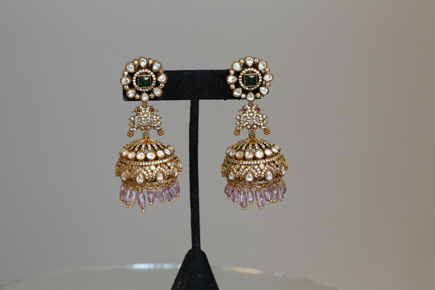 Mehndi Polish Moissanite CZ Jhumka -Real Amethyst Drops
