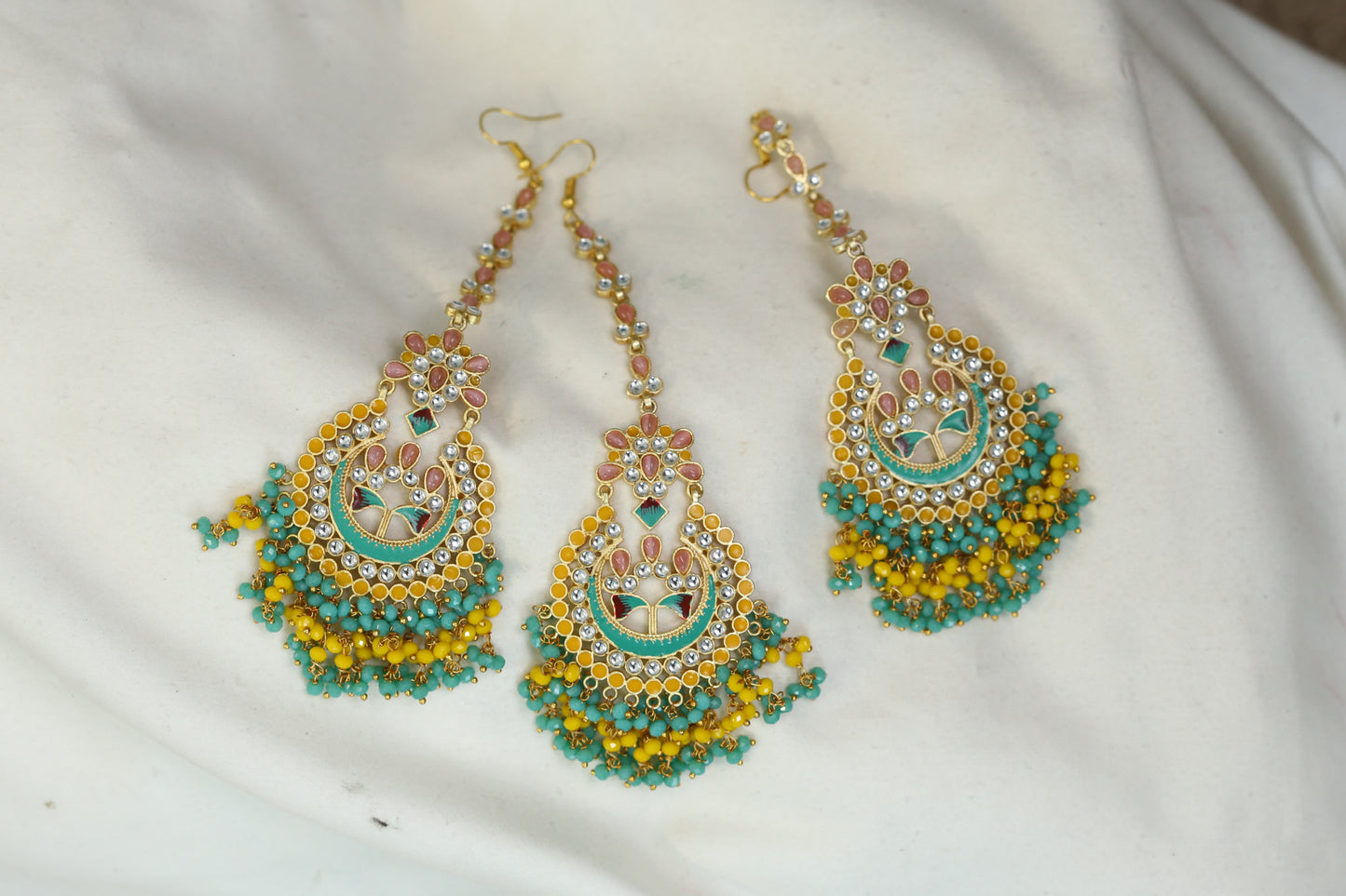 Meenakari Polki Kundan Chandbaali With Earchain & Tika