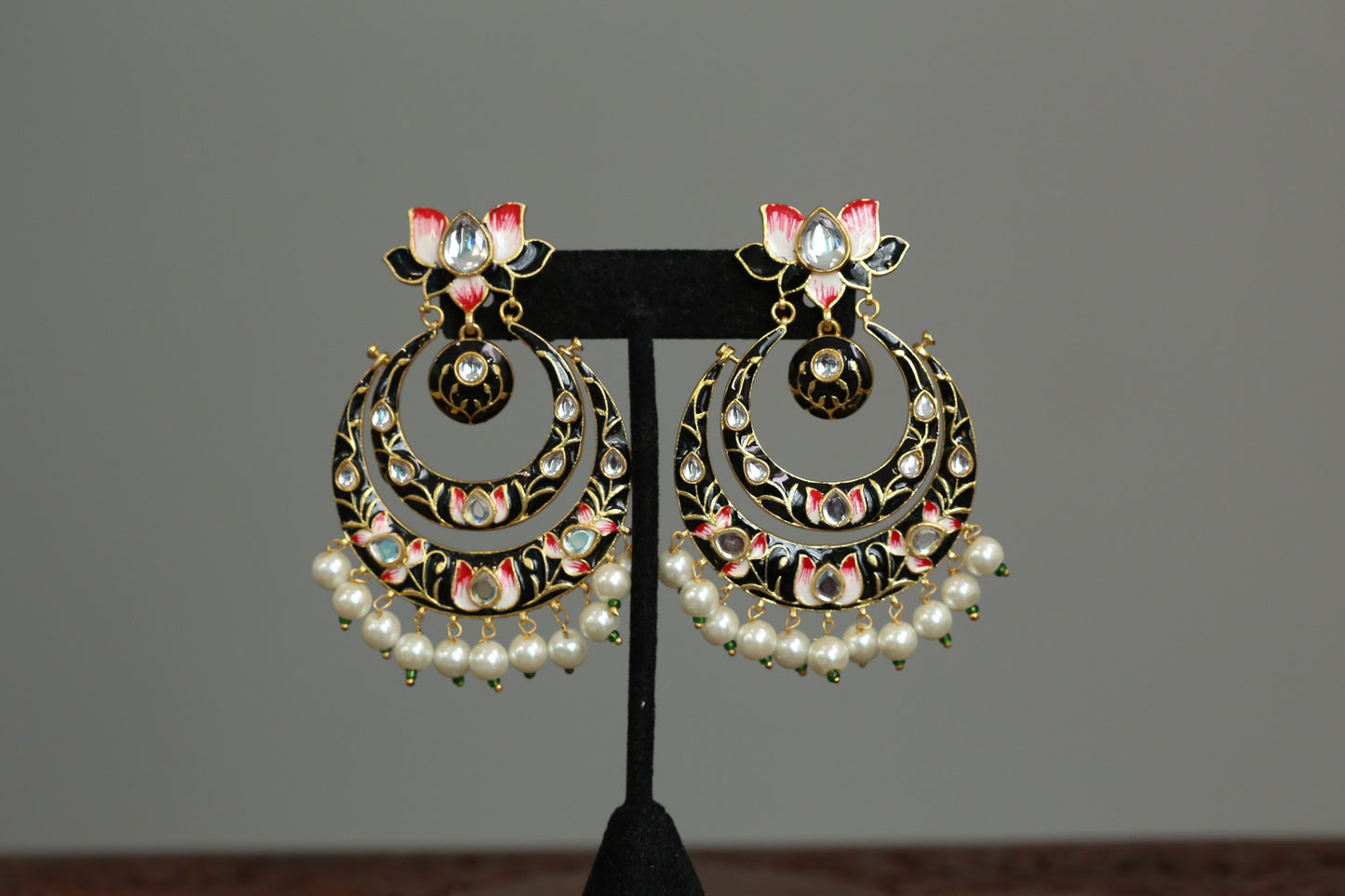 Black Meenakari Polki Kundan Chandbaali