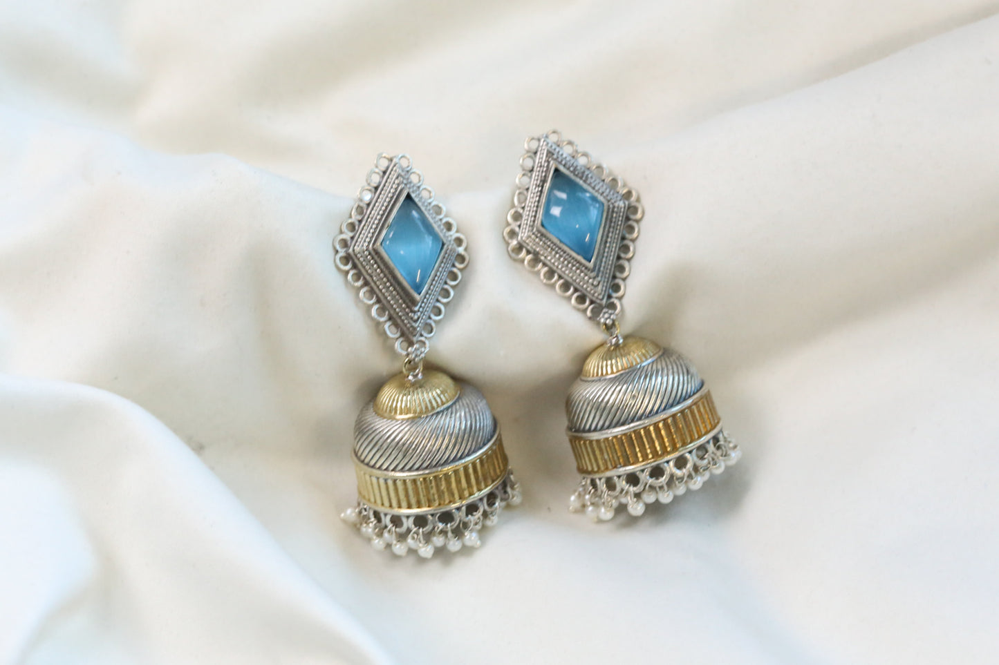 Zara Dualtone Oxidized Jhumka - Ice Blue