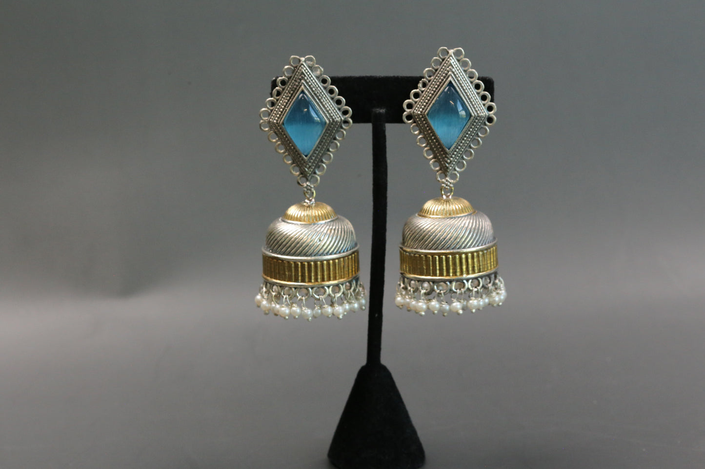 Zara Dualtone Oxidized Jhumka - Ice Blue