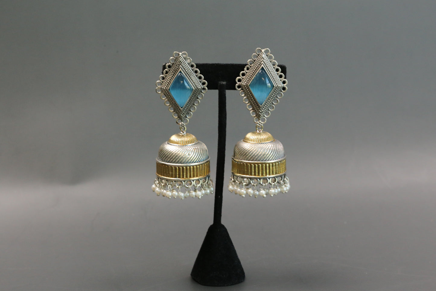 Zara Dualtone Oxidized Jhumka - Ice Blue
