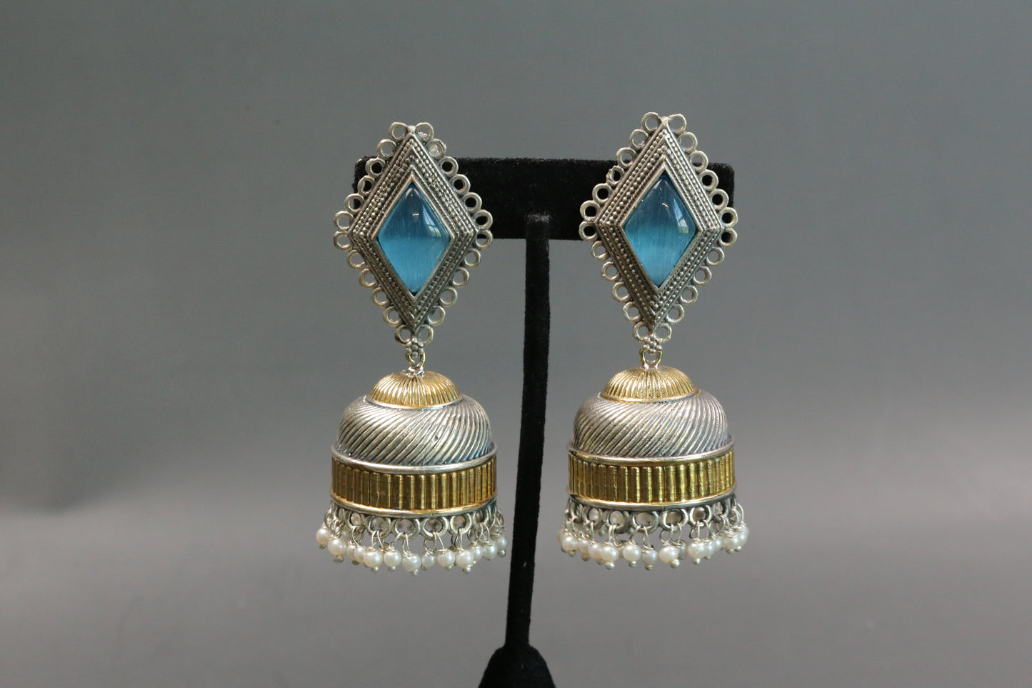 Zara Dualtone Oxidized Jhumka - Ice Blue