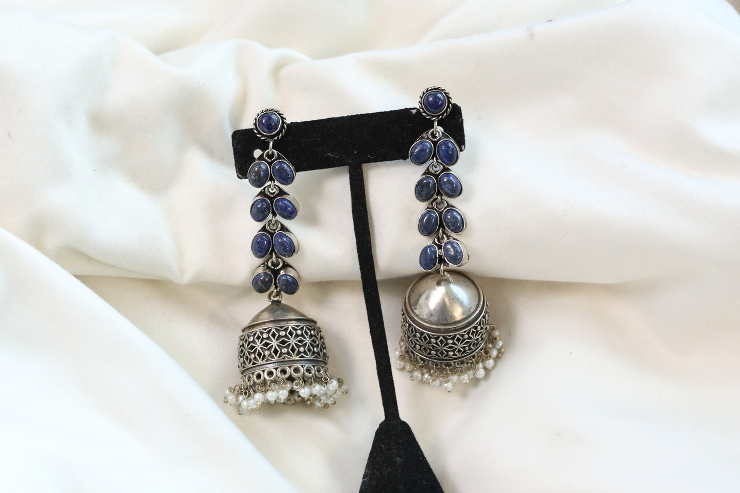 Lapis Silver Tone Long Jhumka